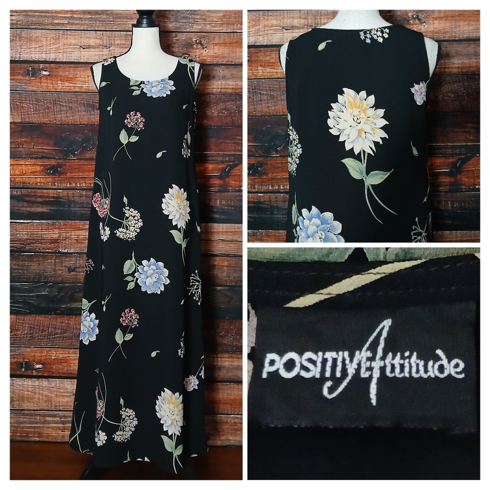 Positive Attitude Vintage 90s Maxi Dress 8 Black Floral USA Made